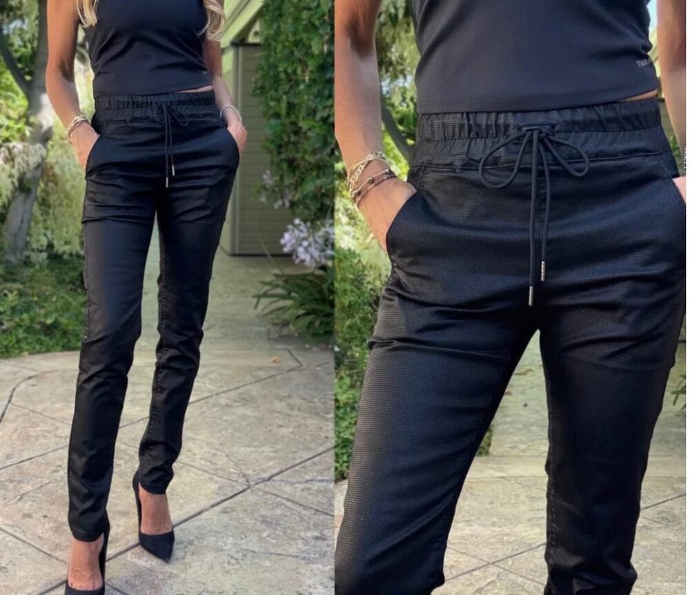 Bevy Flog Shely Pants Black Sz 24 Drawstring Elastic Waist Slim Stretch Trousers